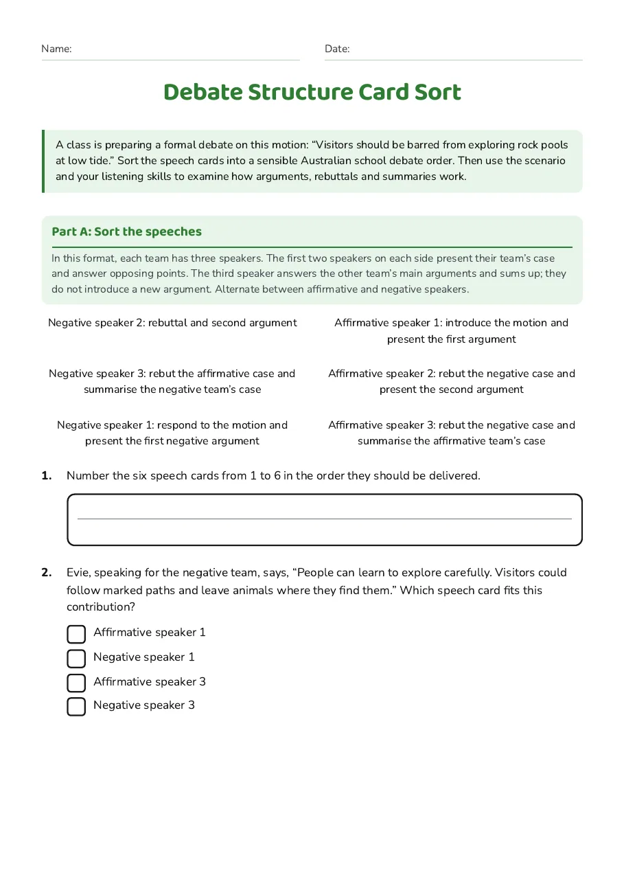 Debate Structure Card Sort, page 1 of 3: Part A: Sort the speeches