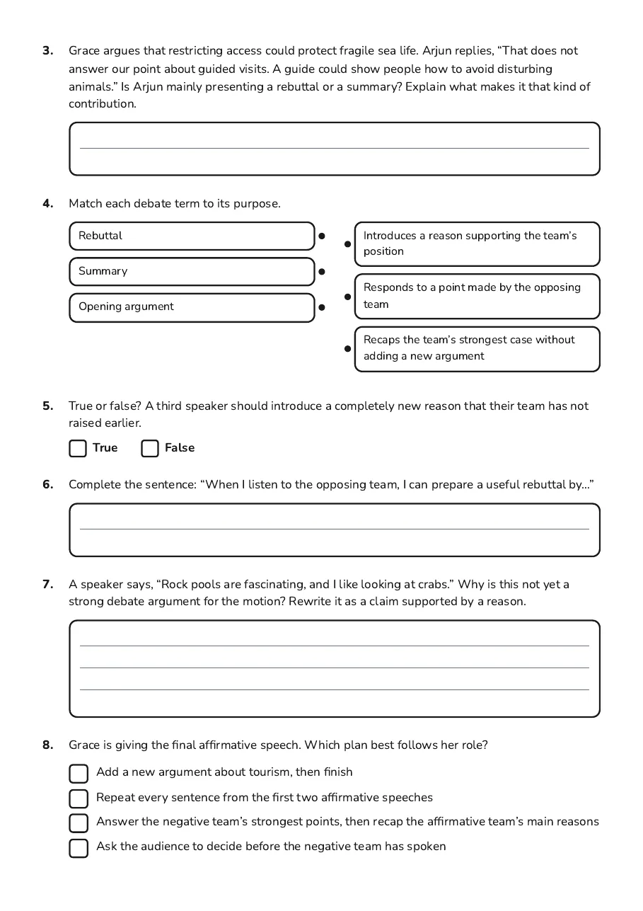 Debate Structure Card Sort, page 2 of 3: 3. Grace argues that restricting access could protect fragile sea life. Arjun replies,…