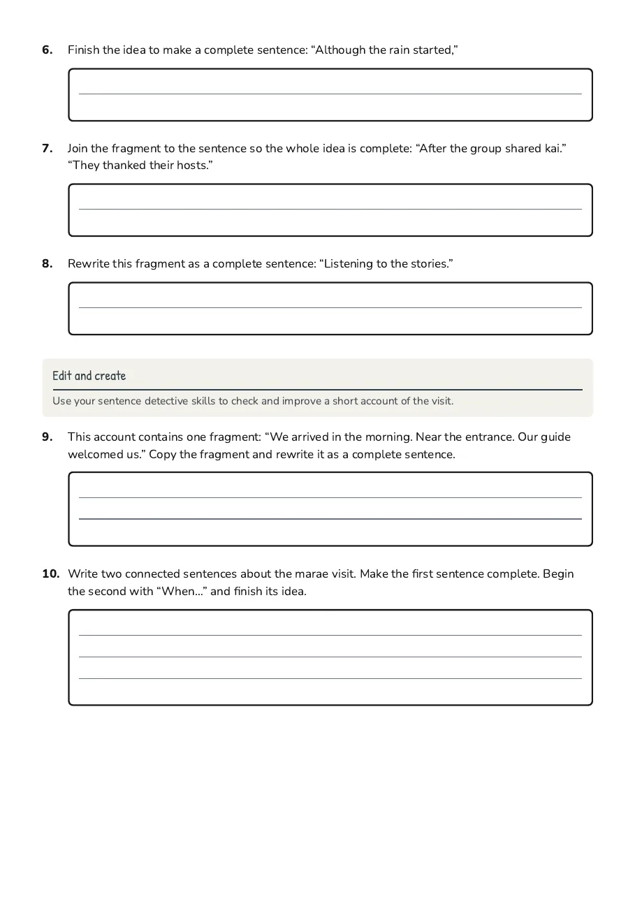 Sentence Fragment Practice, page 2 of 2: Edit and create