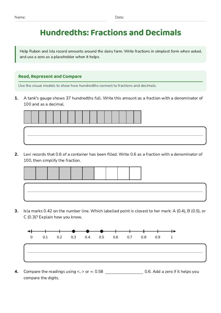 Hundredths: Fractions and Decimals, page 1 of 2: Read, Represent and Compare