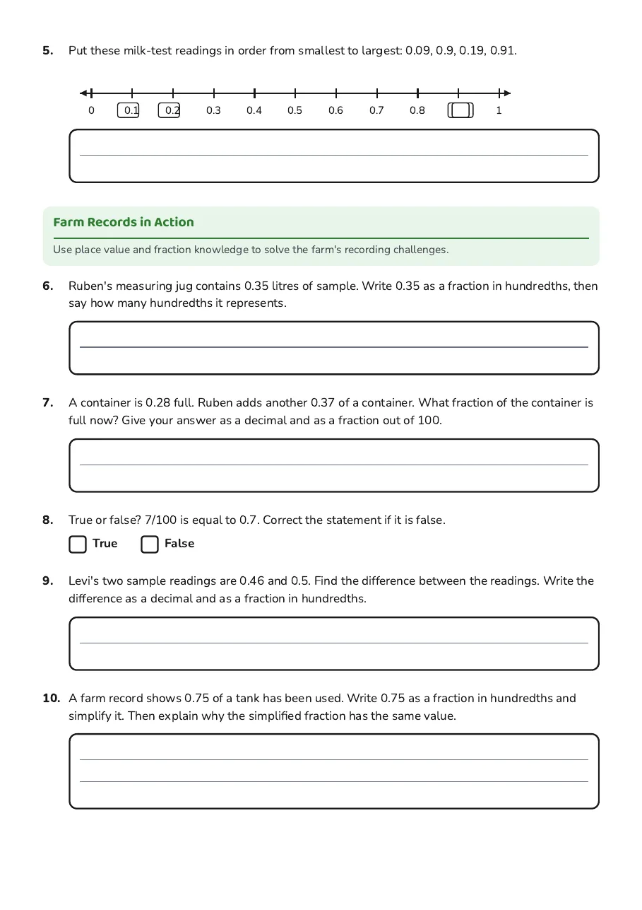 Hundredths: Fractions and Decimals, page 2 of 2: Farm Records in Action