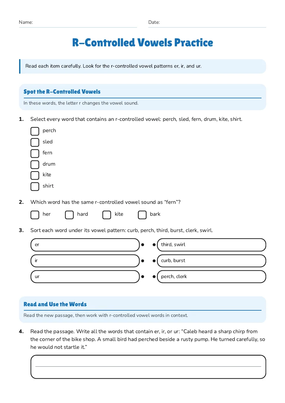 R-Controlled Vowels Practice, page 1 of 2: Spot the R-Controlled Vowels, Read and Use the Words