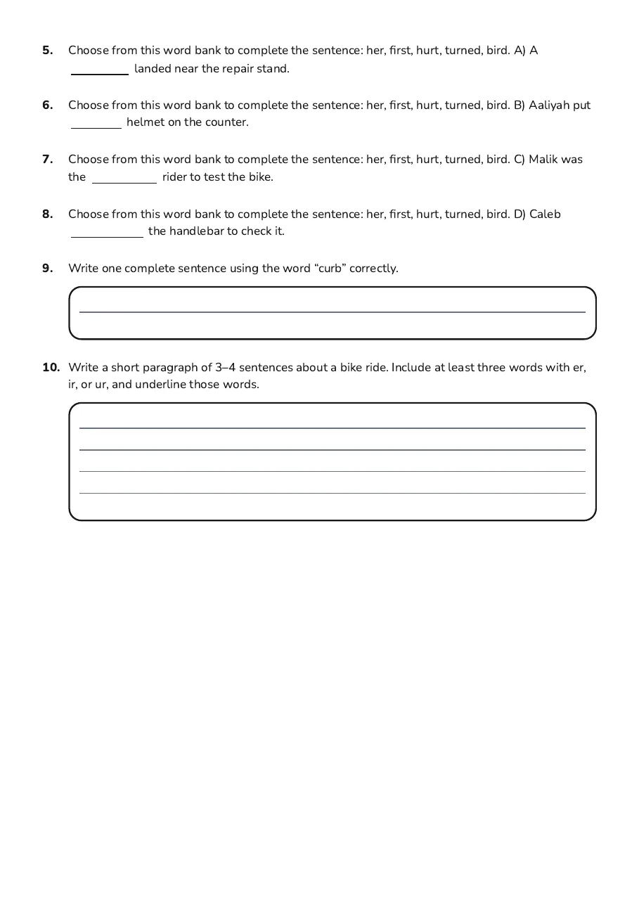 R-Controlled Vowels Practice, page 2 of 2: 5. Choose from this word bank to complete the sentence: her, first, hurt, turned, bird.…
