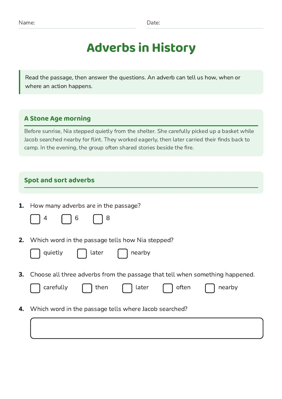 Adverbs in History, page 1 of 3: A Stone Age morning, Spot and sort adverbs