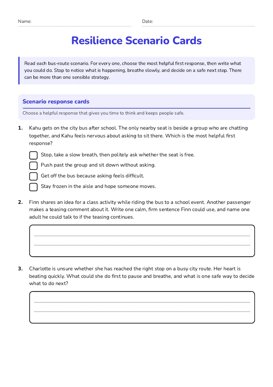 Resilience Scenario Cards, page 1 of 3: Scenario response cards