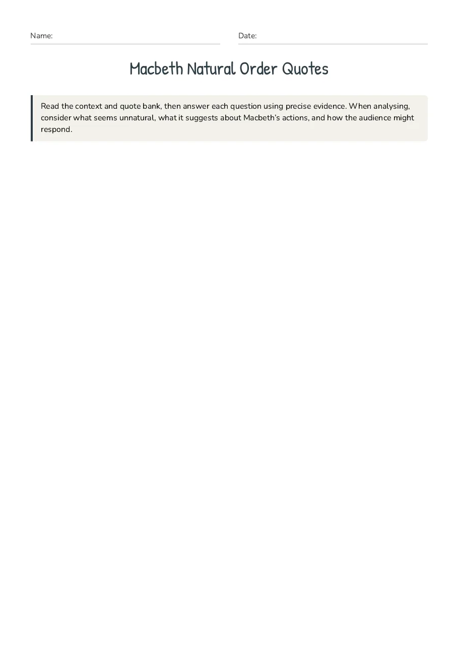 Macbeth Natural Order Quotes, page 1 of 4: Read the context and quote bank, then answer each question using precise evidence. When…