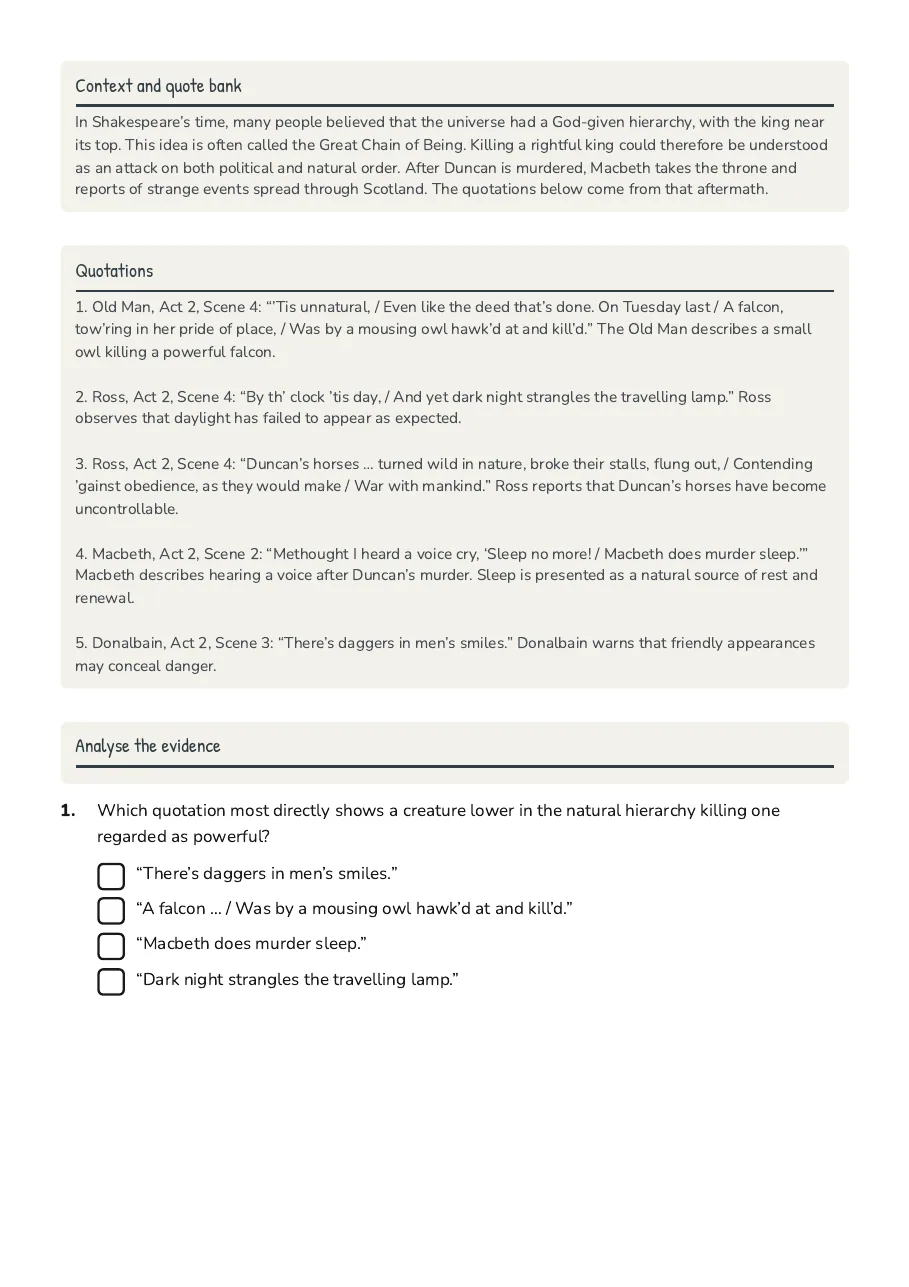 Macbeth Natural Order Quotes, page 2 of 4: Context and quote bank, Quotations, Analyse the evidence