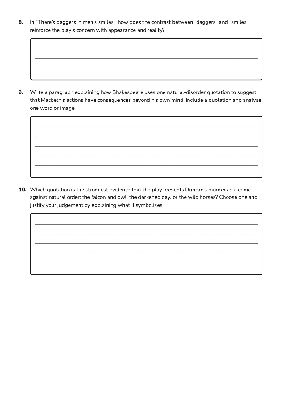 Macbeth Natural Order Quotes, page 4 of 4: 8. In “There’s daggers in men’s smiles”, how does the contrast between “daggers” and…