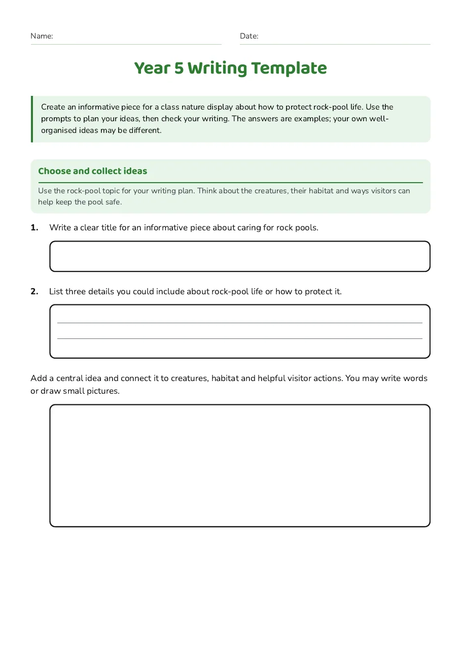 Year 5 Writing Template, page 1 of 3: Choose and collect ideas