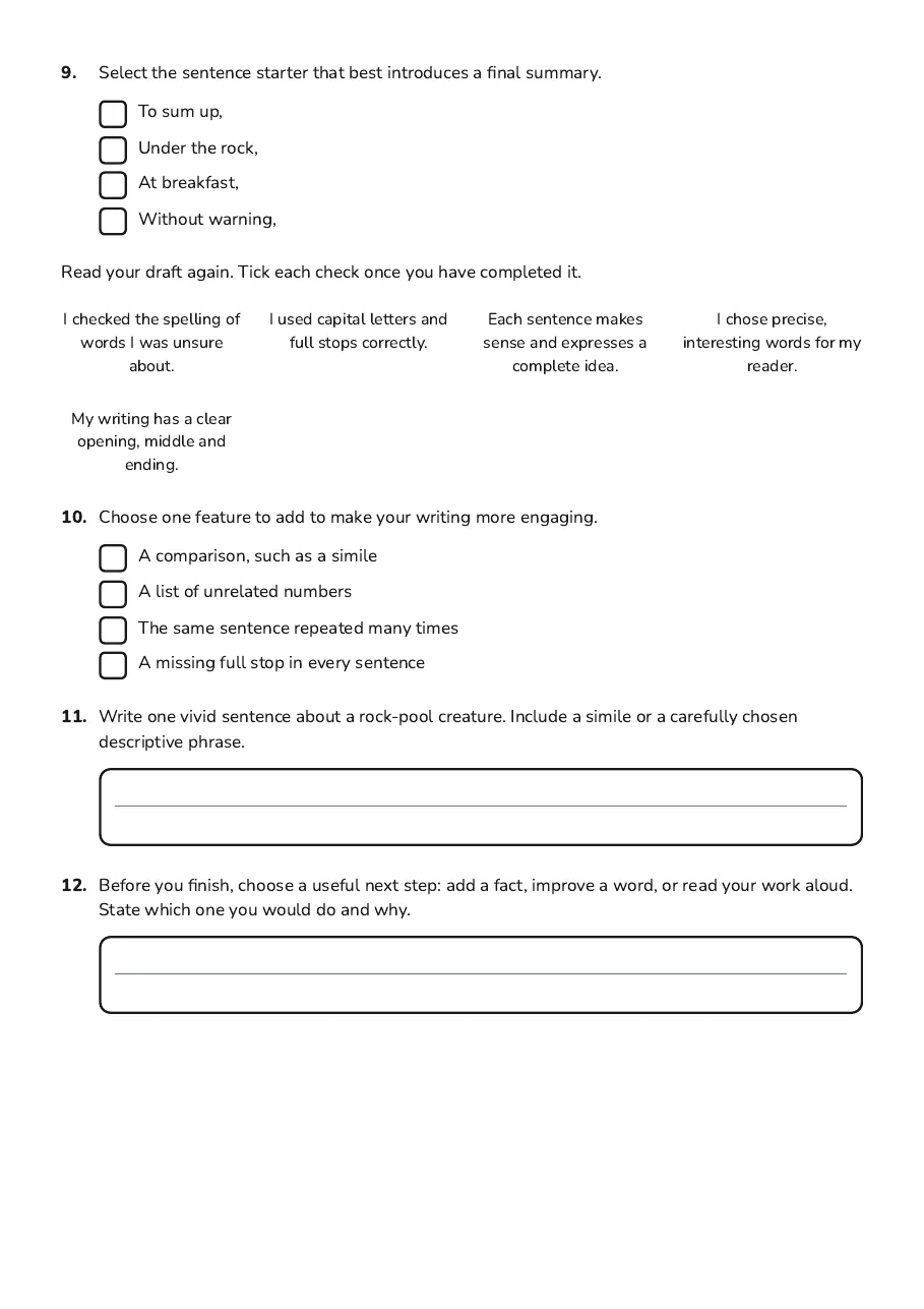 Year 5 Writing Template, page 3 of 3: 9. Select the sentence starter that best introduces a final summary.