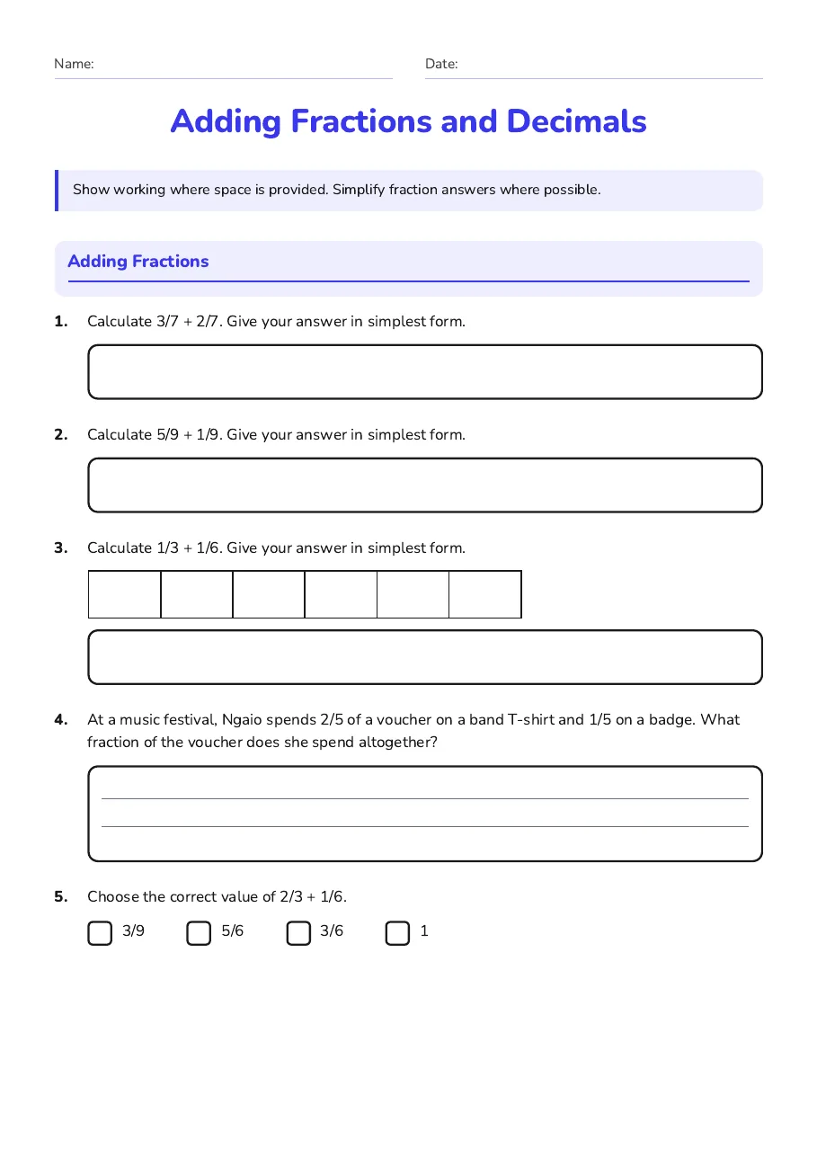 Adding Fractions and Decimals, page 1 of 3: Adding Fractions