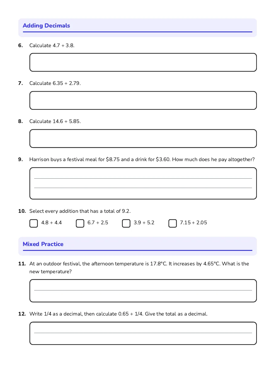 Adding Fractions and Decimals, page 2 of 3: Adding Decimals, Mixed Practice