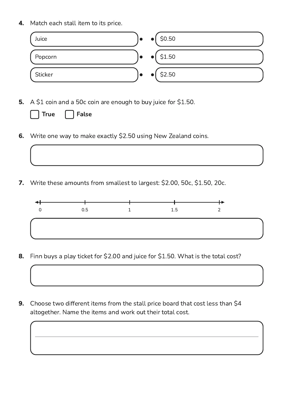 NZ Money Basics, page 2 of 2: 4. Match each stall item to its price.
