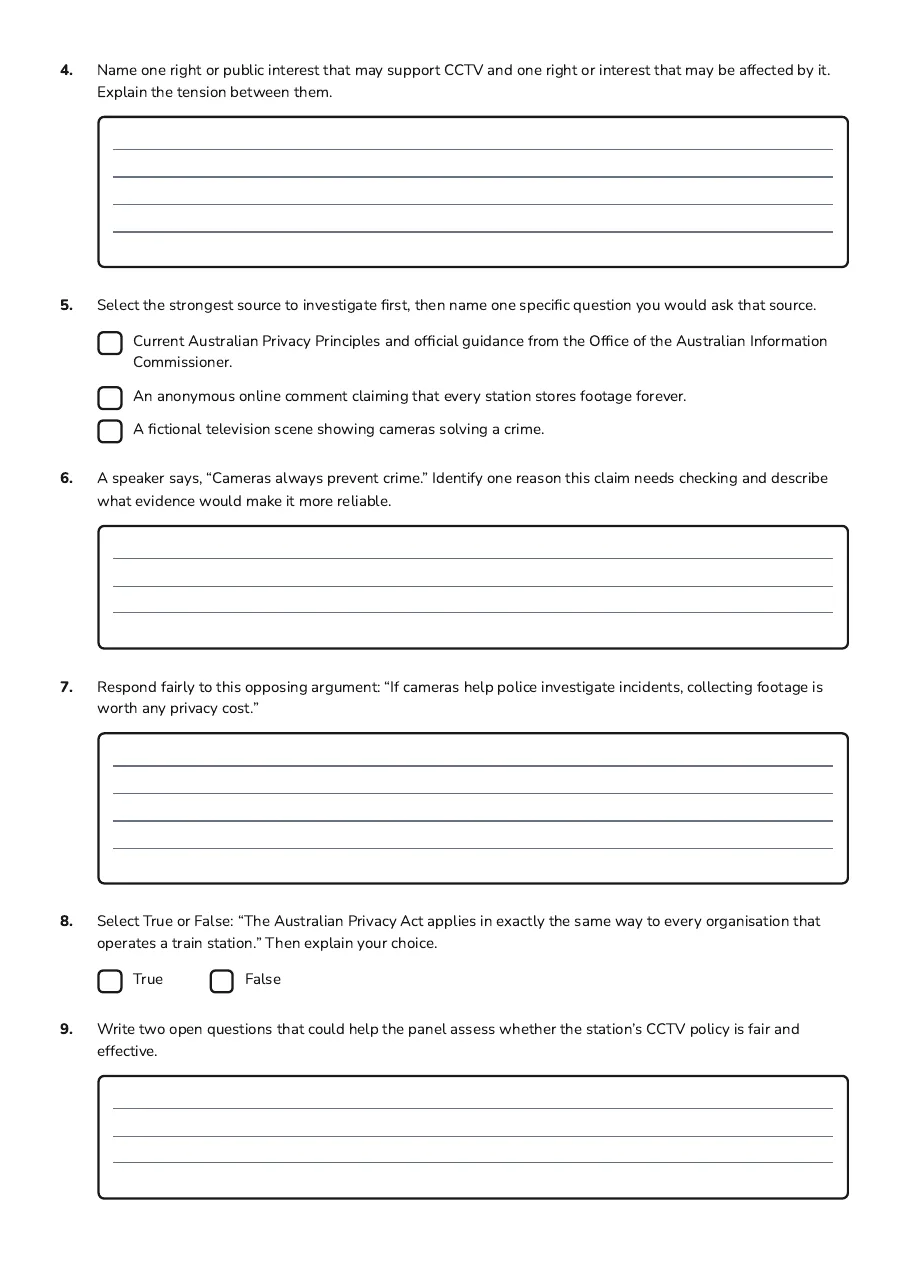 Human Rights Debate Organiser, page 2 of 3: 4. Name one right or public interest that may support CCTV and one right or interest that…