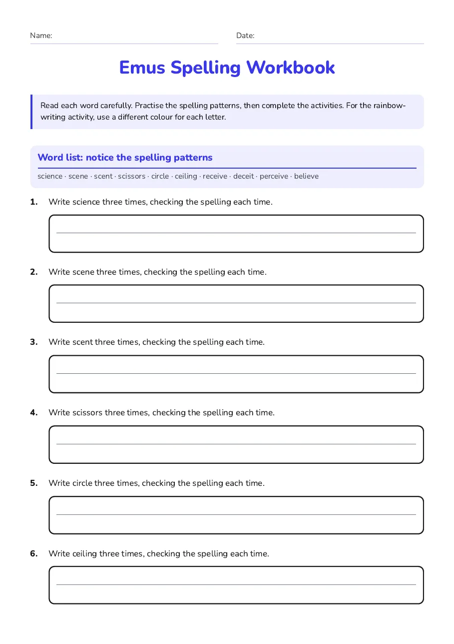 Emus Spelling Workbook, page 1 of 3: Word list: notice the spelling patterns