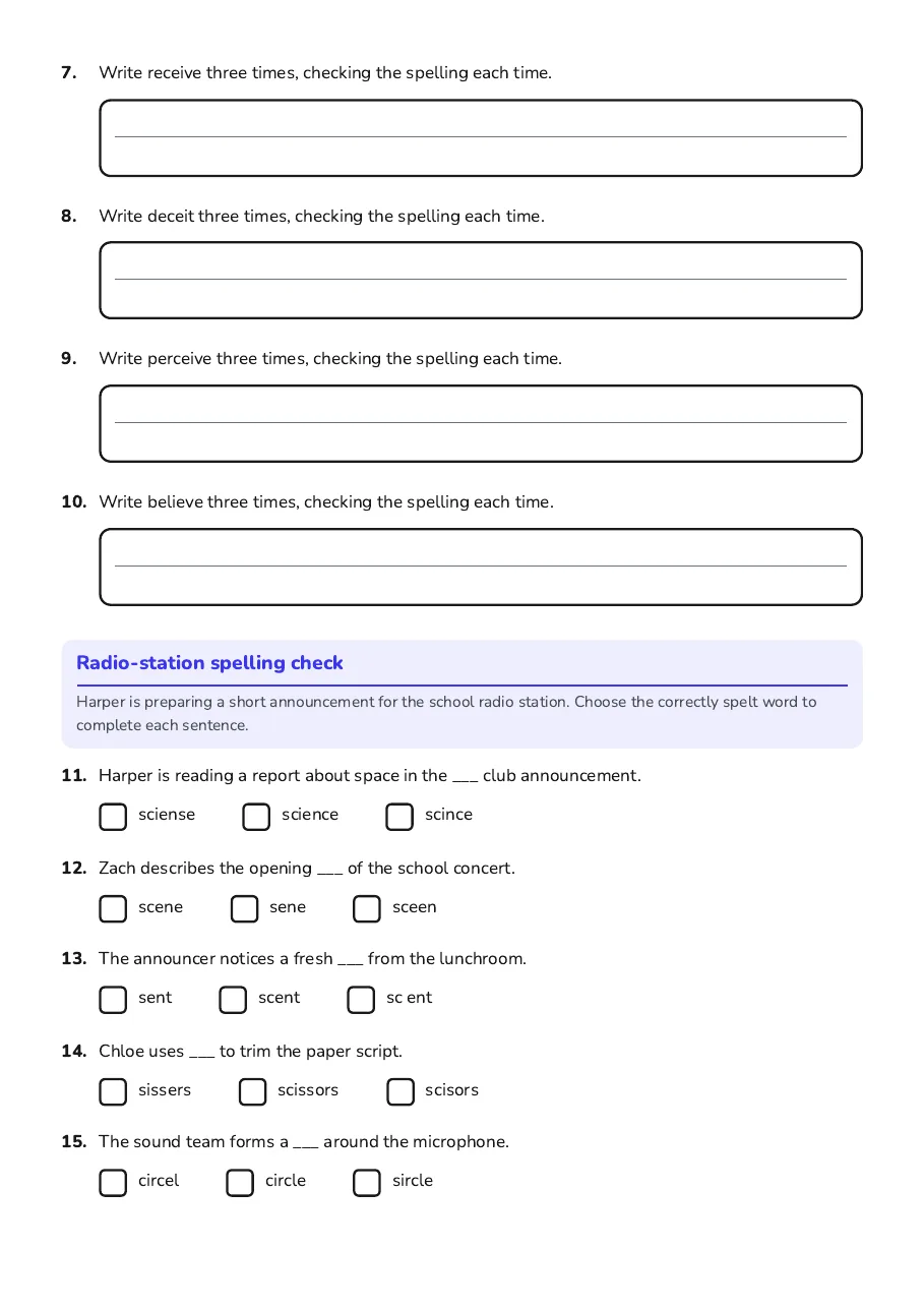 Emus Spelling Workbook, page 2 of 3: Radio-station spelling check