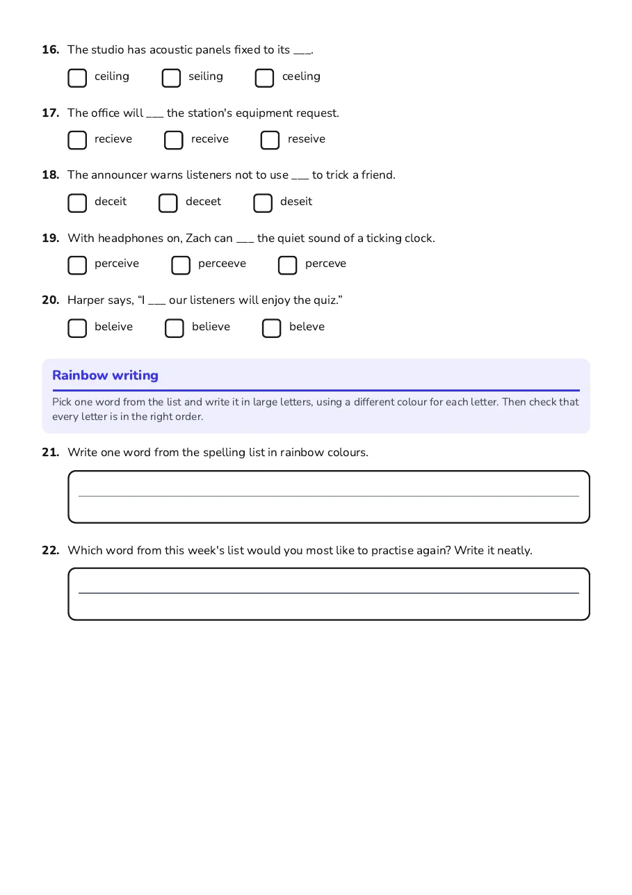 Emus Spelling Workbook, page 3 of 3: Rainbow writing
