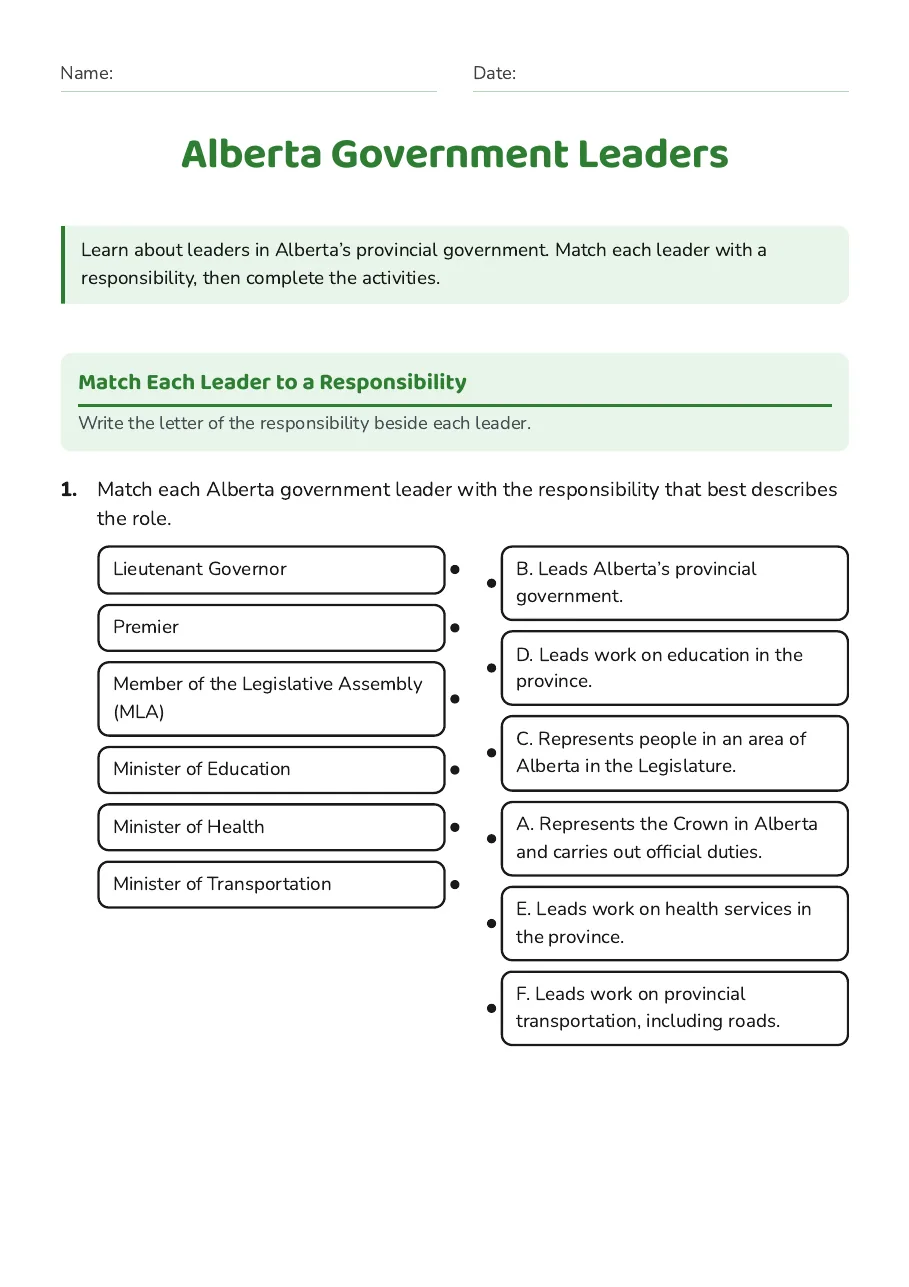Alberta Government Leaders, page 1 of 3: Match Each Leader to a Responsibility