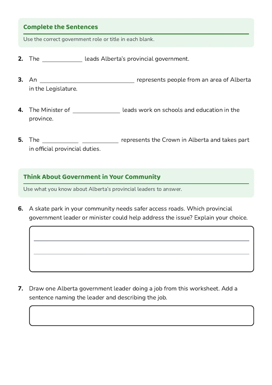 Alberta Government Leaders, page 2 of 3: Complete the Sentences, Think About Government in Your Community