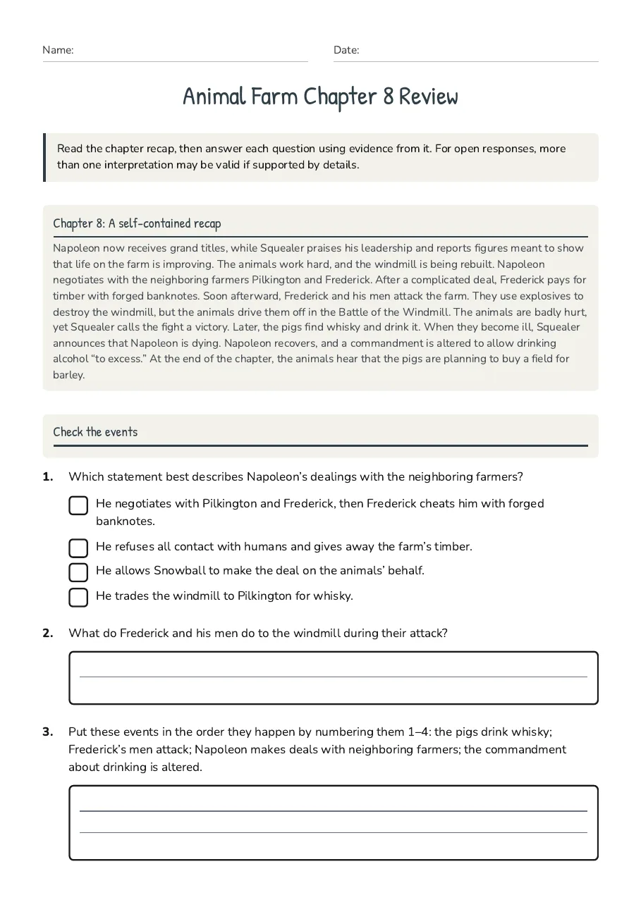 Animal Farm Chapter 8 Review, page 1 of 3: Chapter 8: A self-contained recap, Check the events