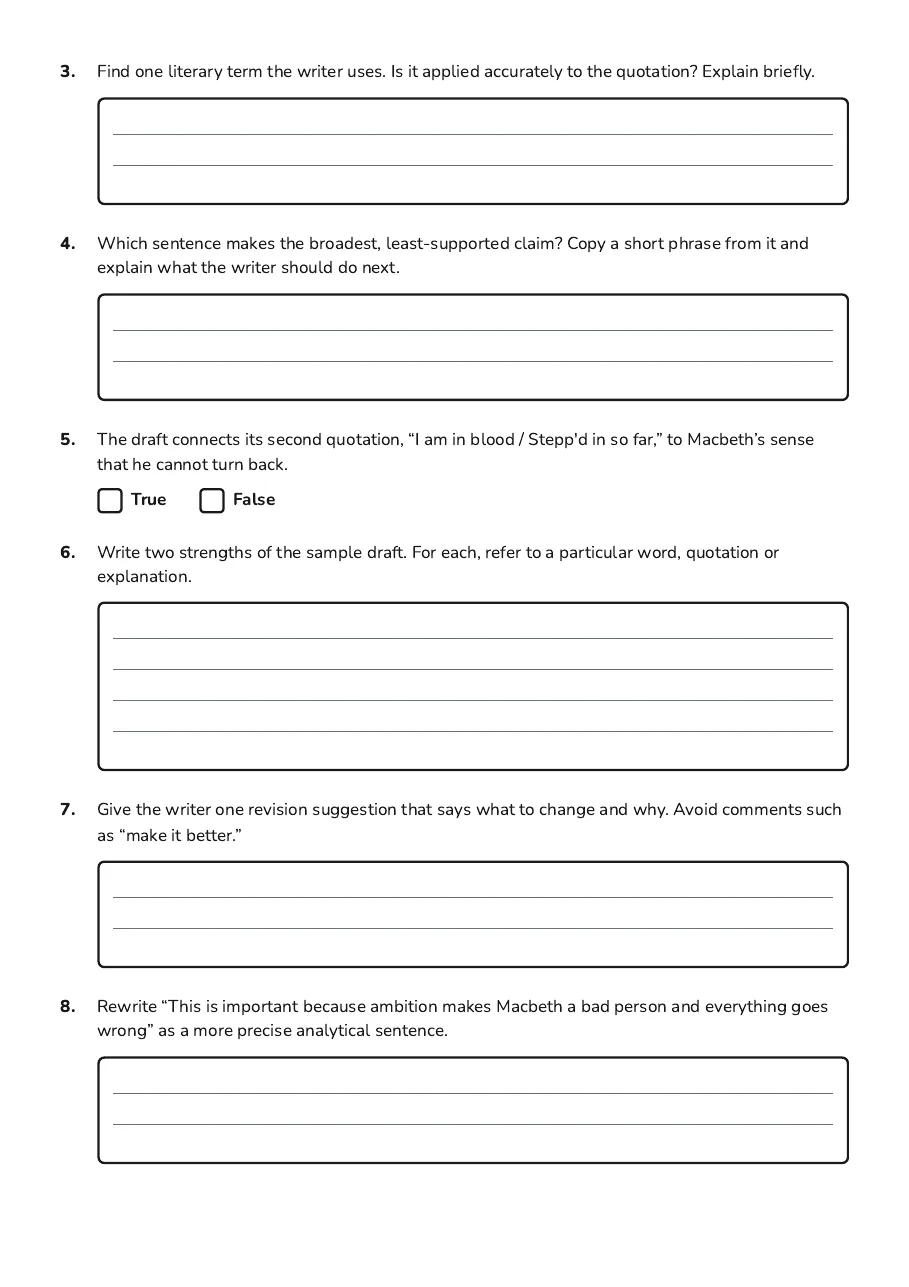 Macbeth Peer Review, page 2 of 3: 3. Find one literary term the writer uses. Is it applied accurately to the quotation?…