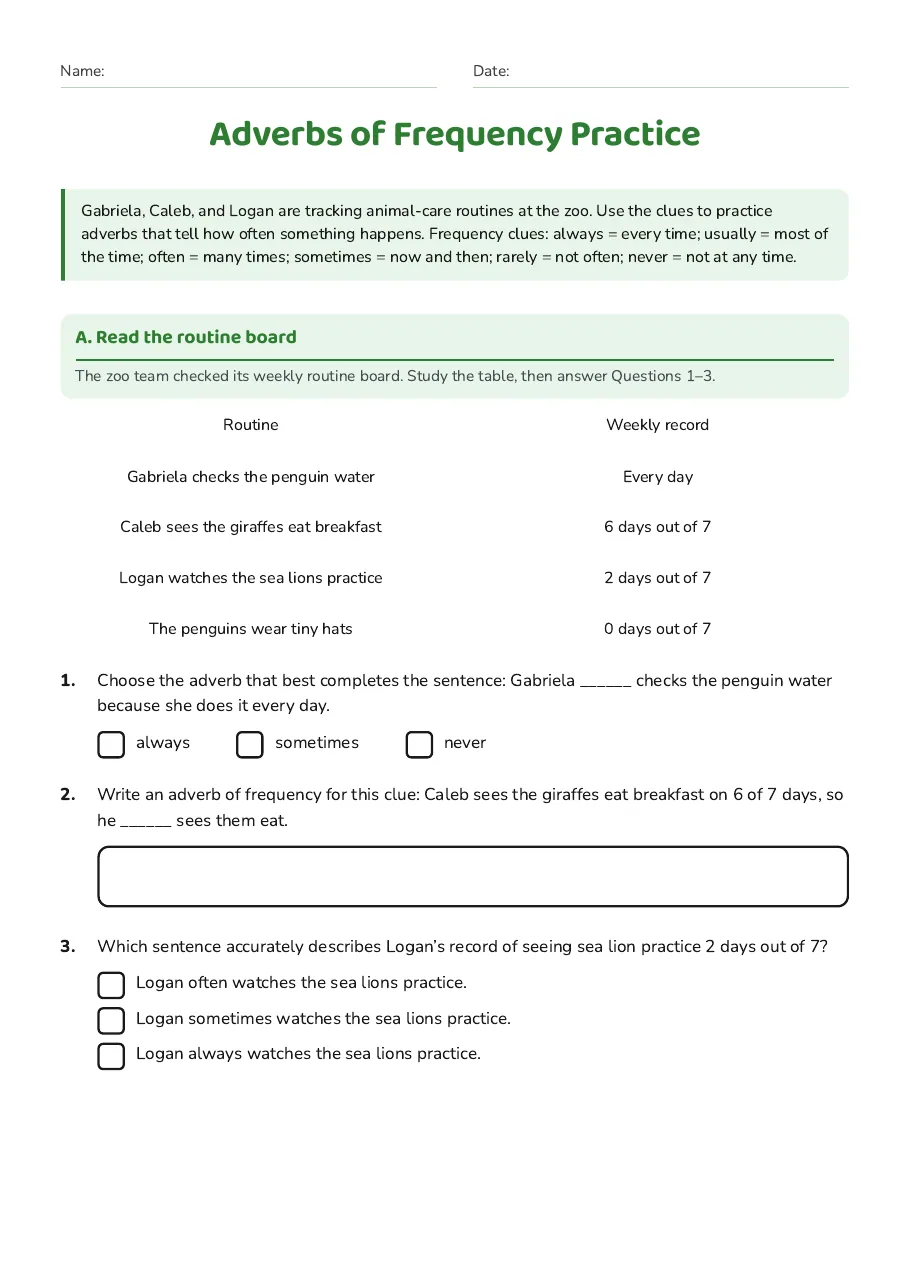 Adverbs of Frequency Practice, page 1 of 3: A. Read the routine board