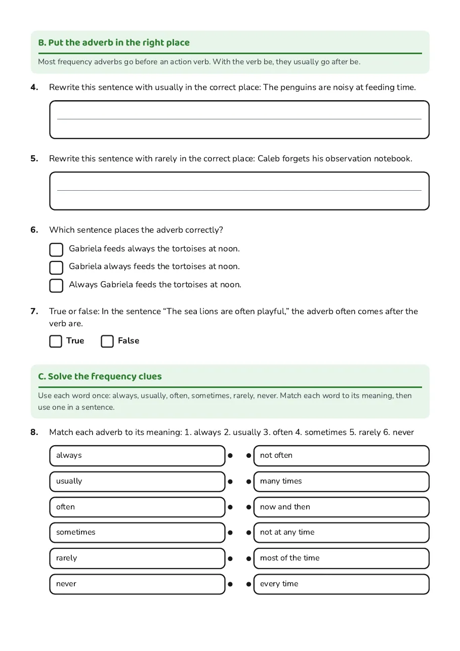 Adverbs of Frequency Practice, page 2 of 3: B. Put the adverb in the right place, C. Solve the frequency clues
