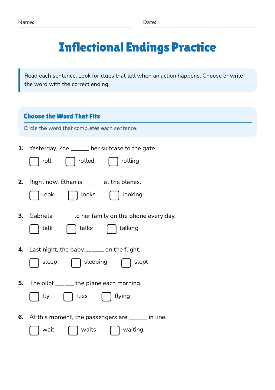 Inflectional Endings Practice, page 1 of 2: Choose the Word That Fits