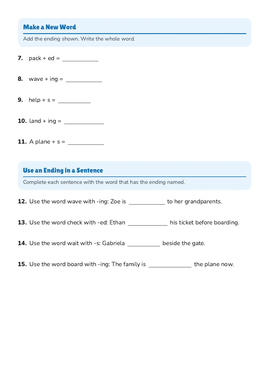 Inflectional Endings Practice, page 2 of 2: Make a New Word, Use an Ending in a Sentence