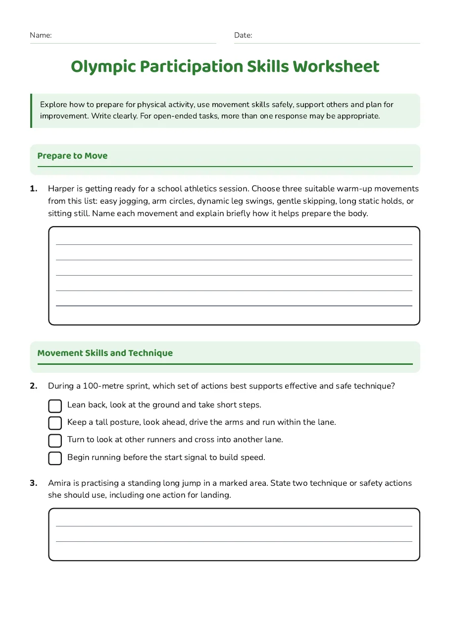 Olympic Participation Skills Worksheet, page 1 of 4: Prepare to Move, Movement Skills and Technique