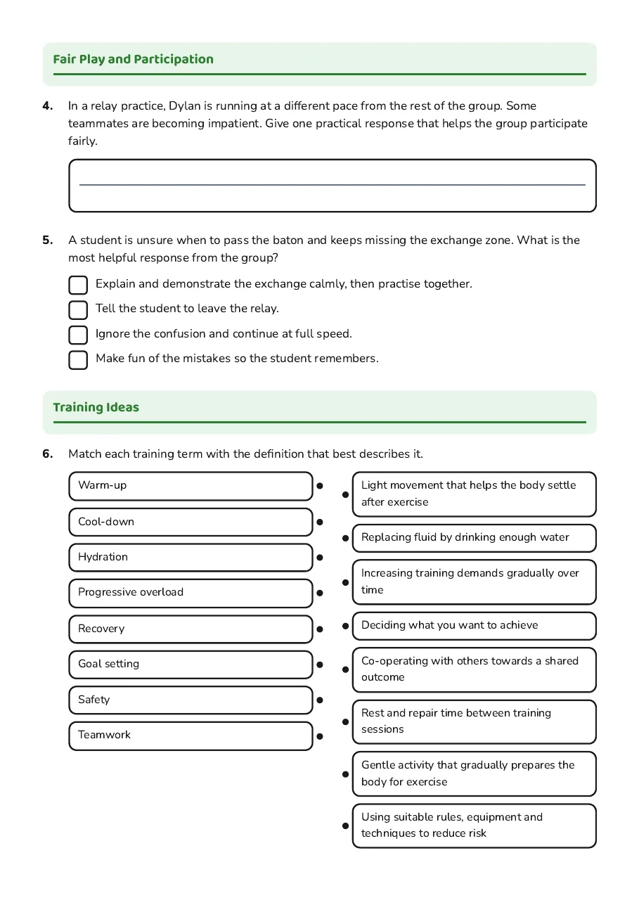 Olympic Participation Skills Worksheet, page 2 of 4: Fair Play and Participation, Training Ideas