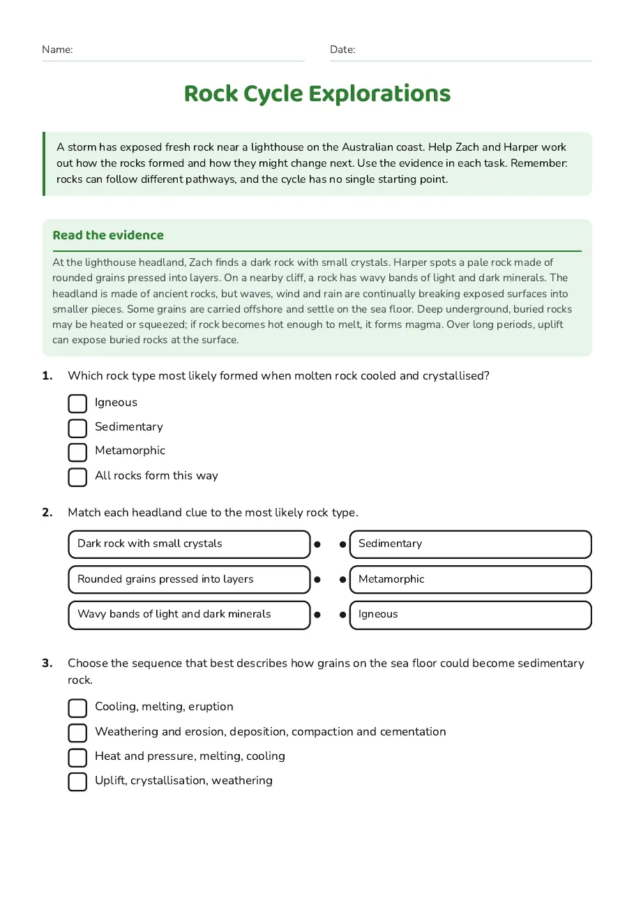 Rock Cycle Explorations, page 1 of 2: Read the evidence
