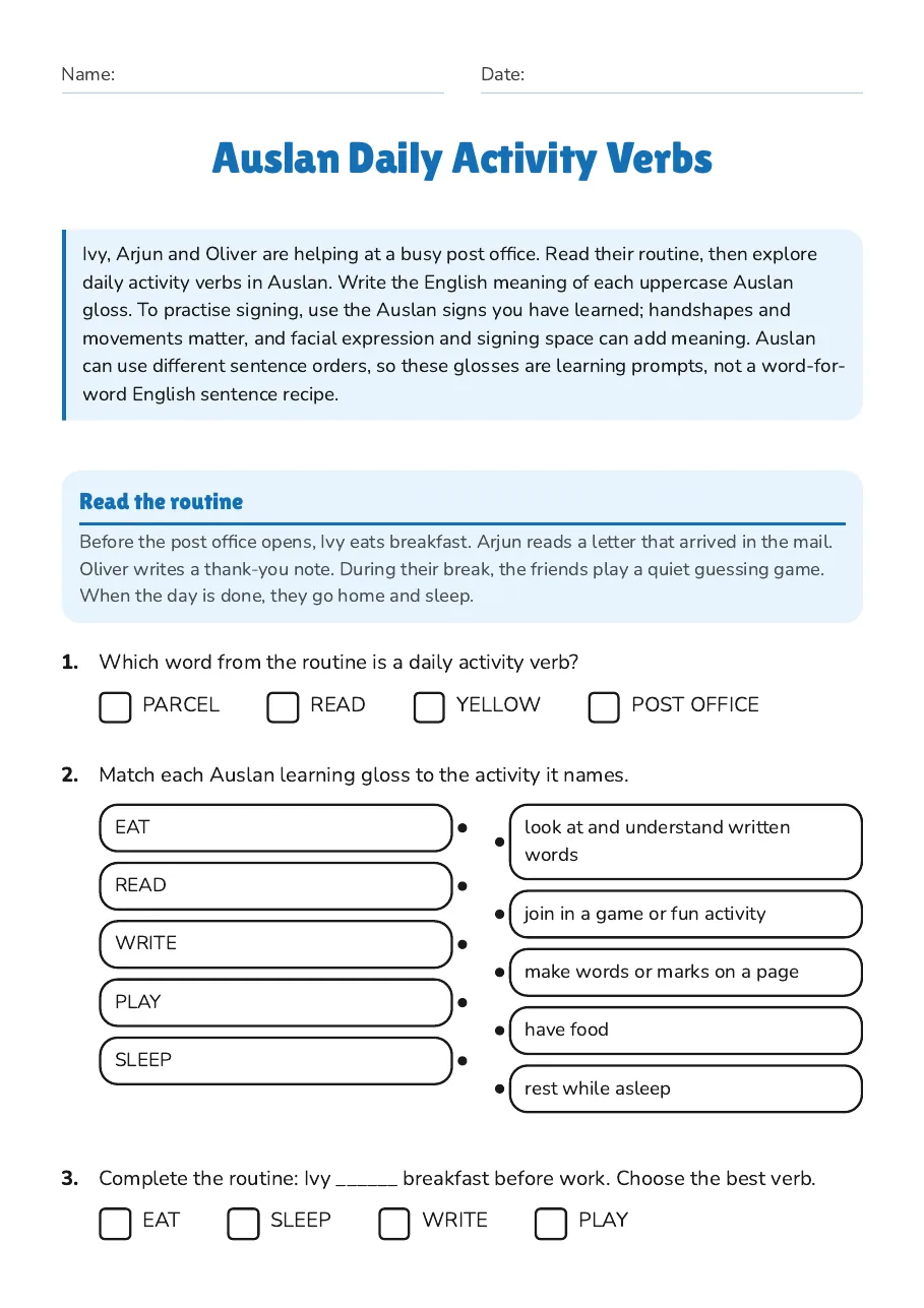 Auslan Daily Activity Verbs, page 1 of 3: Read the routine