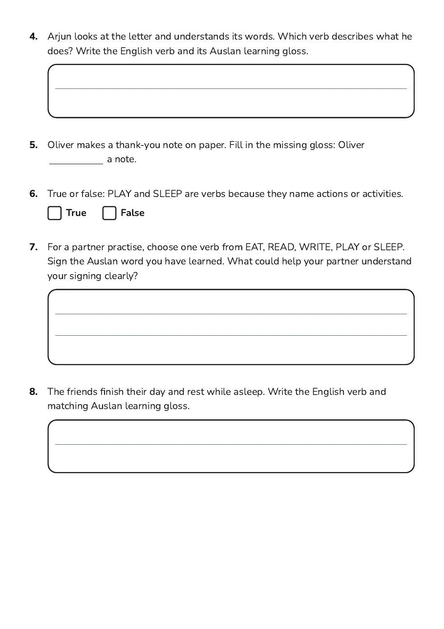Auslan Daily Activity Verbs, page 2 of 3: 4. Arjun looks at the letter and understands its words. Which verb describes what he
