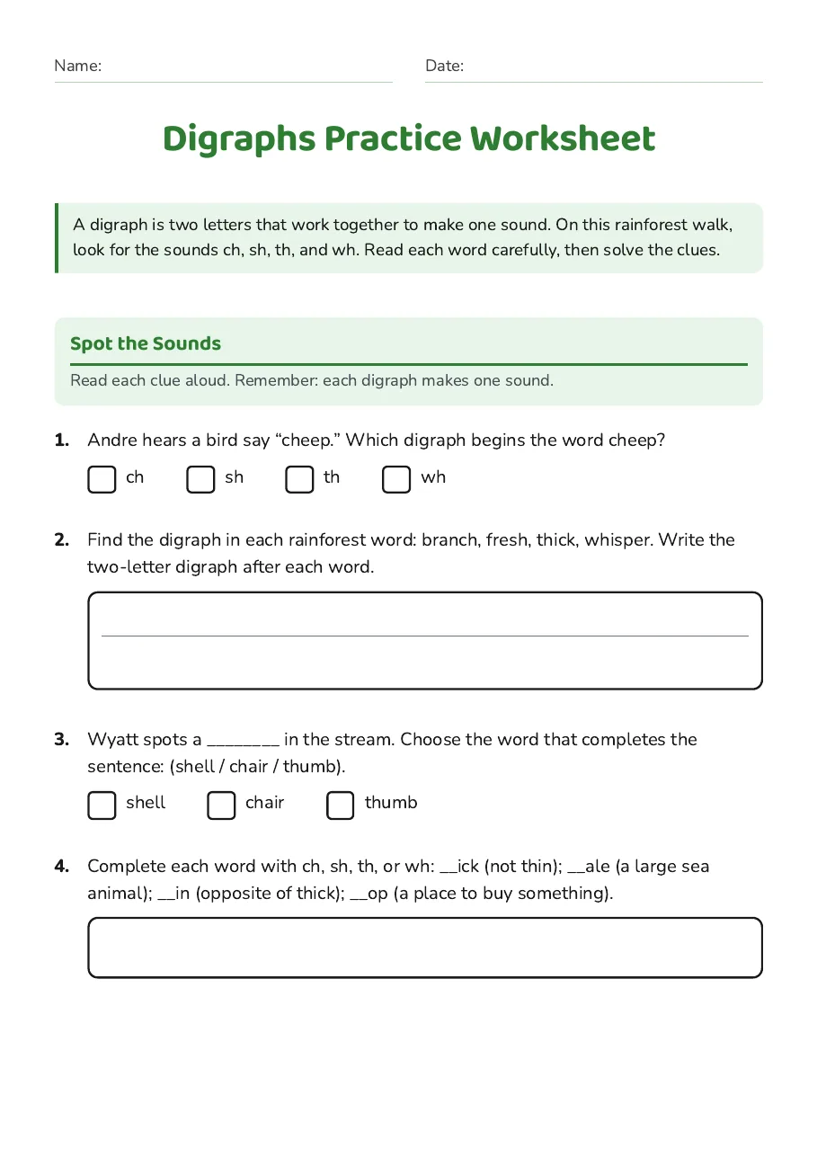 Digraphs Practice Worksheet, page 1 of 2: Spot the Sounds
