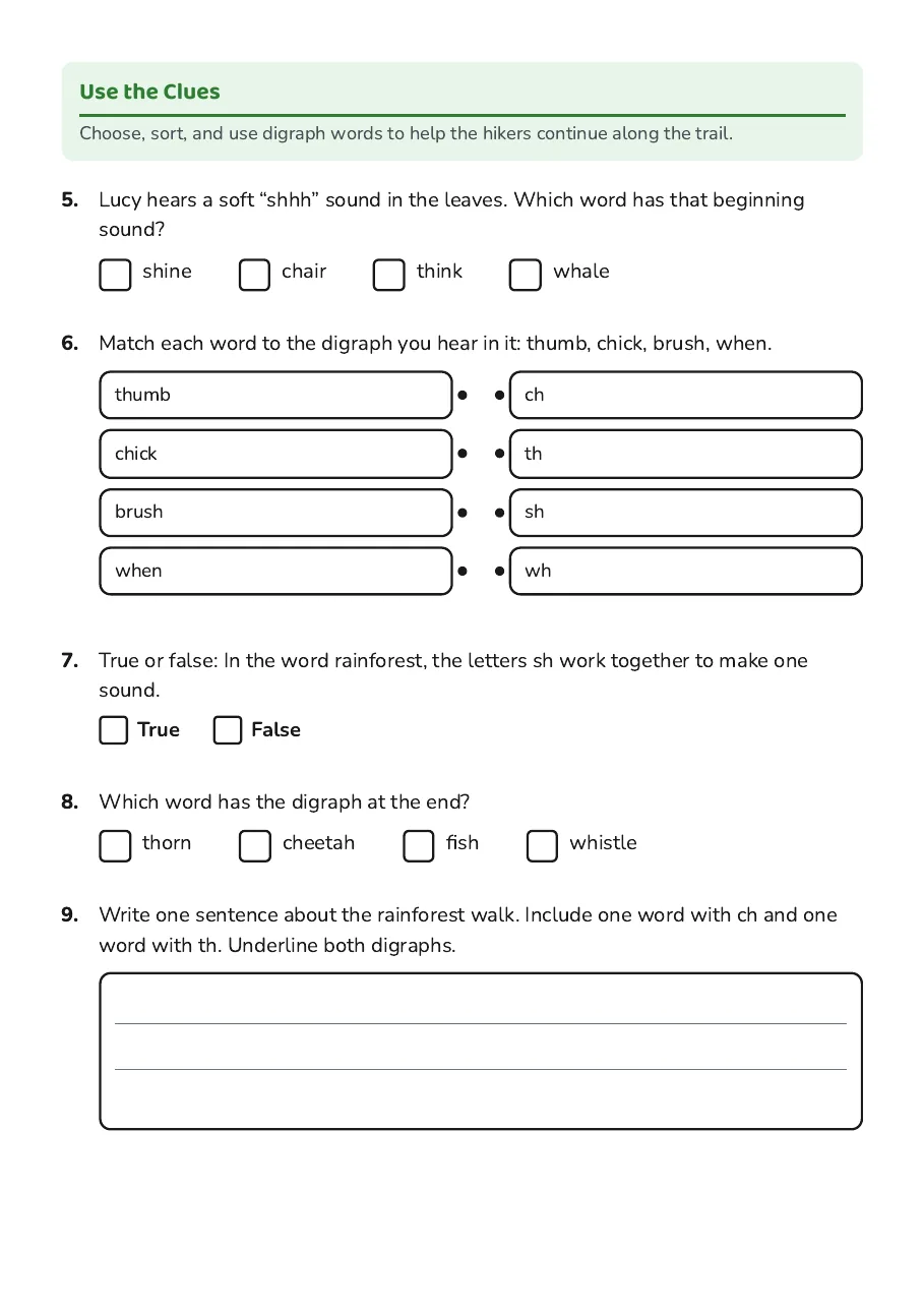 Digraphs Practice Worksheet, page 2 of 2: Use the Clues