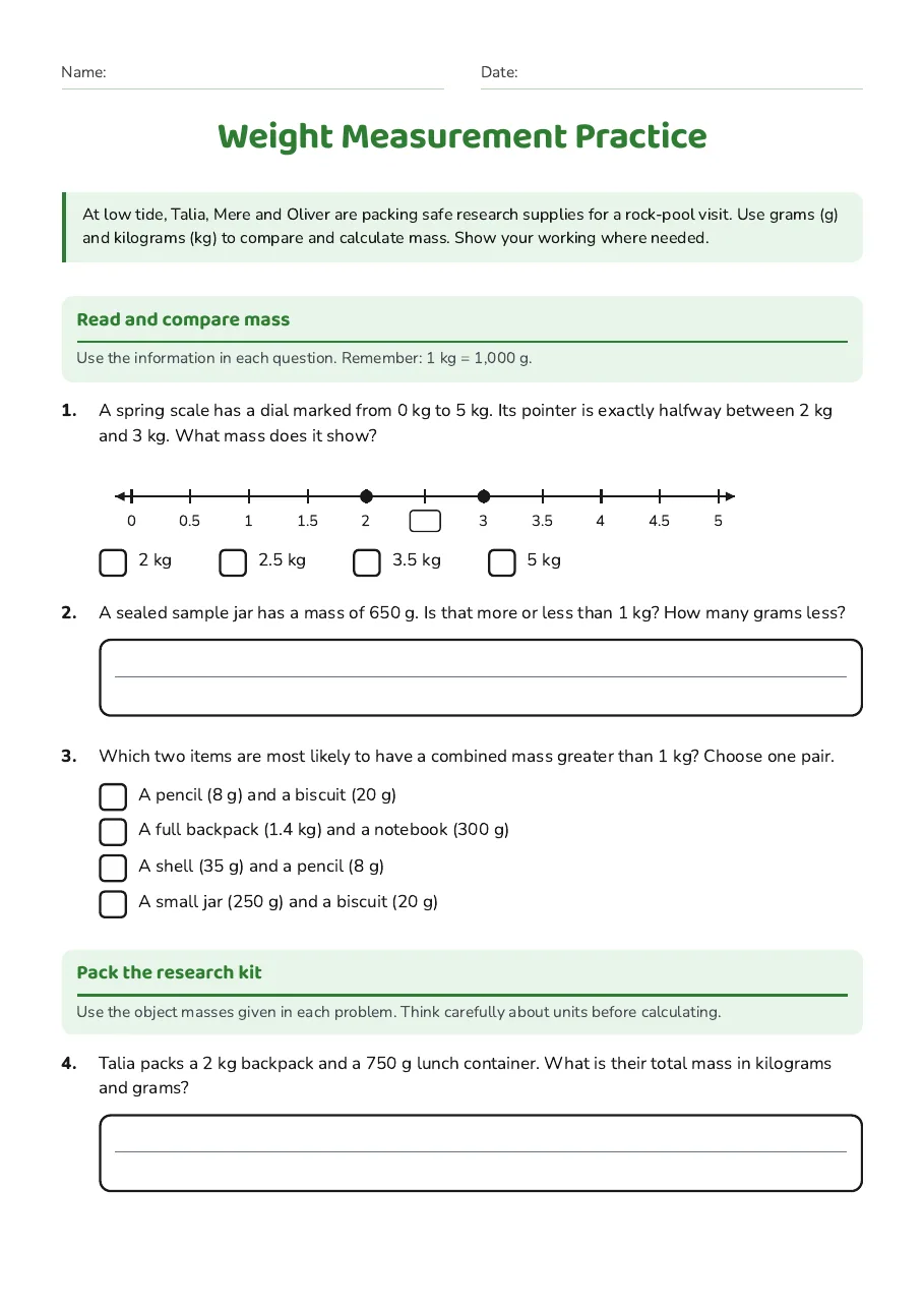 Weight Measurement Practice, page 1 of 3: Read and compare mass, Pack the research kit