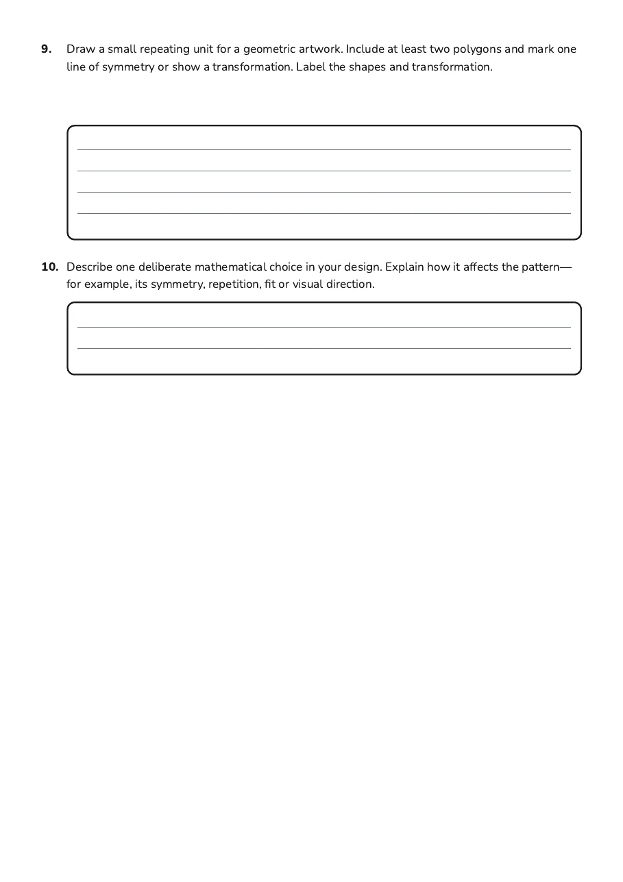 Core Geometry in Art, page 3 of 3: 9. Draw a small repeating unit for a geometric artwork. Include at least two polygons and…