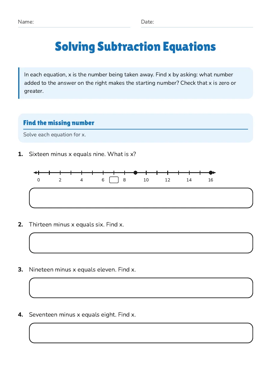 Solving Subtraction Equations, page 1 of 3: Find the missing number