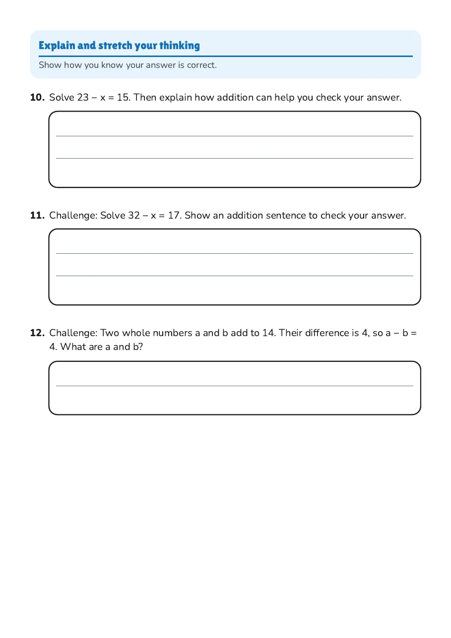 Solving Subtraction Equations, page 3 of 3: Explain and stretch your thinking