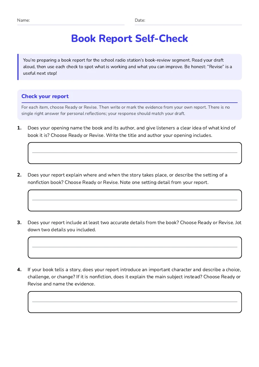 Book Report Self-Check, page 1 of 2: Check your report