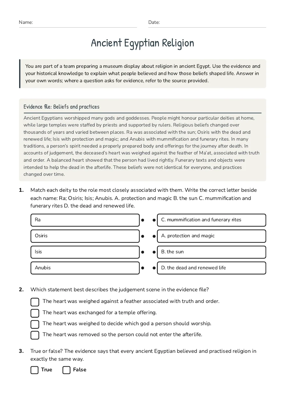 Ancient Egyptian Religion, page 1 of 3: Evidence file: Beliefs and practices