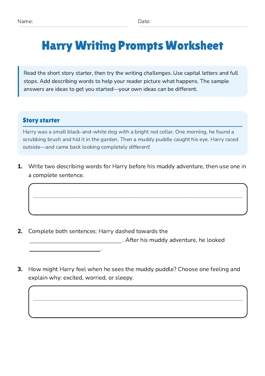 Harry Writing Prompts Worksheet, page 1 of 3: Story starter
