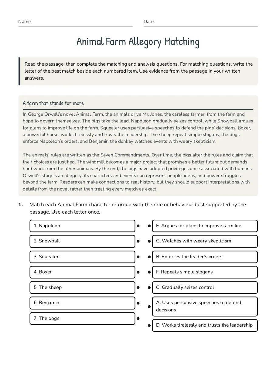 Animal Farm Allegory Matching, page 1 of 3: A farm that stands for more