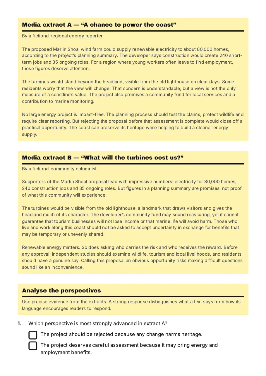 Media Perspectives Analysis Worksheet, page 2 of 4: Media extract A — “A chance to power the coast”, Media extract B — “What will the turbines cost us?”, Analyse the perspectives