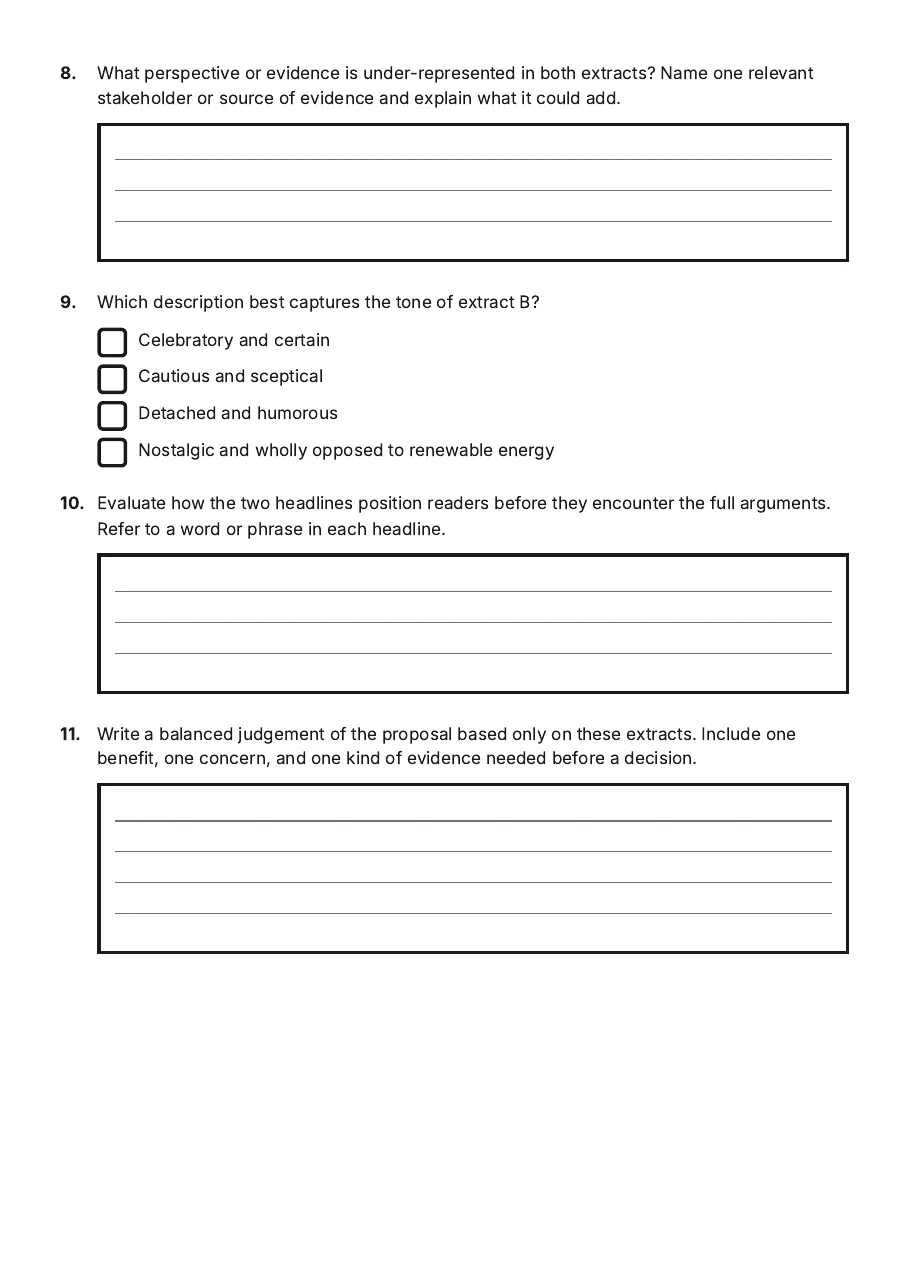 Media Perspectives Analysis Worksheet, page 4 of 4: 8. What perspective or evidence is under-represented in both extracts? Name one relevant