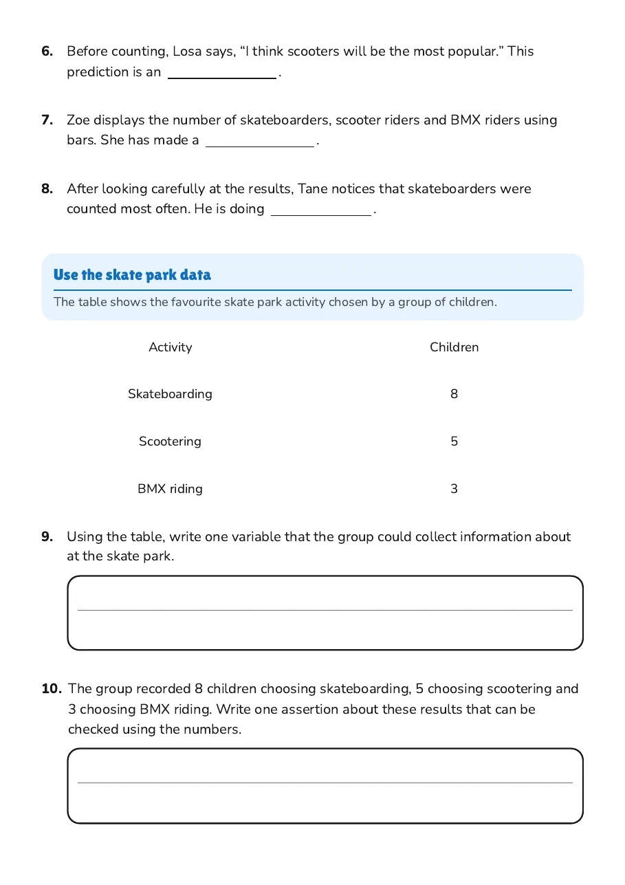 Statistics Vocabulary Definitions, page 2 of 3: Use the skate park data