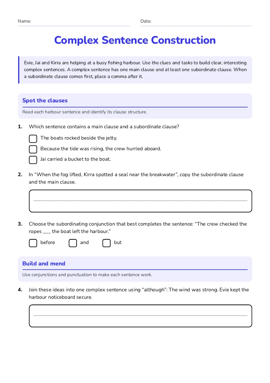 Complex Sentence Construction, page 1 of 2: Spot the clauses, Build and mend