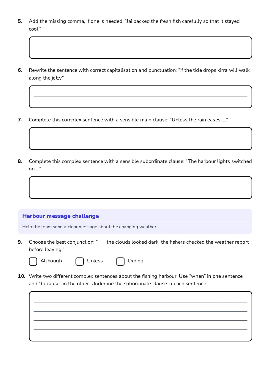 Complex Sentence Construction, page 2 of 2: Harbour message challenge
