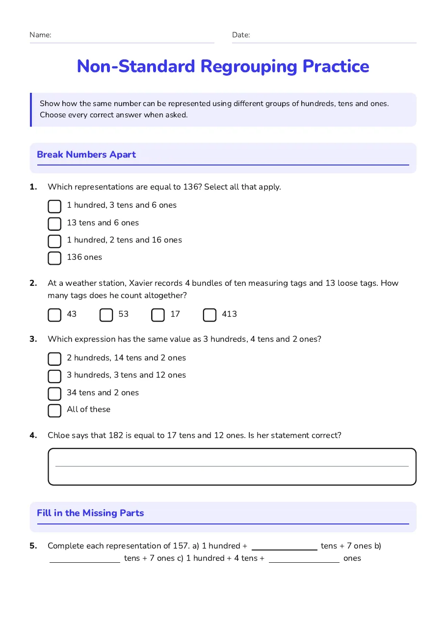Non-Standard Regrouping Practice, page 1 of 2: Break Numbers Apart, Fill in the Missing Parts